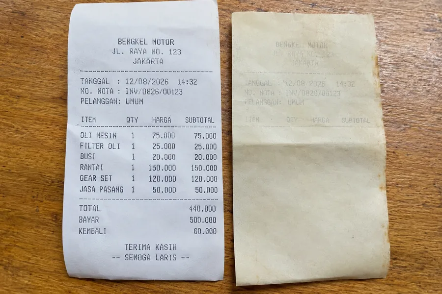 Dua struk bengkel berdampingan di meja kayu: satu masih terbaca jelas, satu lagi sudah pudar hampir kosong