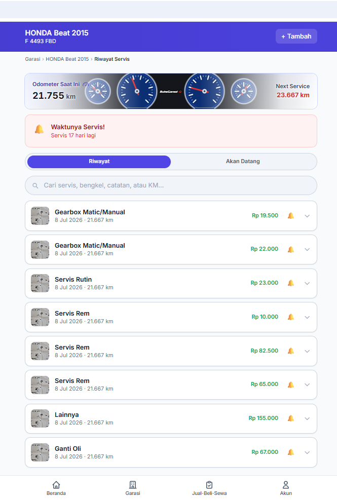 Halaman riwayat servis sebuah kendaraan di BukaGarasi, berisi daftar catatan servis berurutan lengkap dengan tanggal dan kilometer