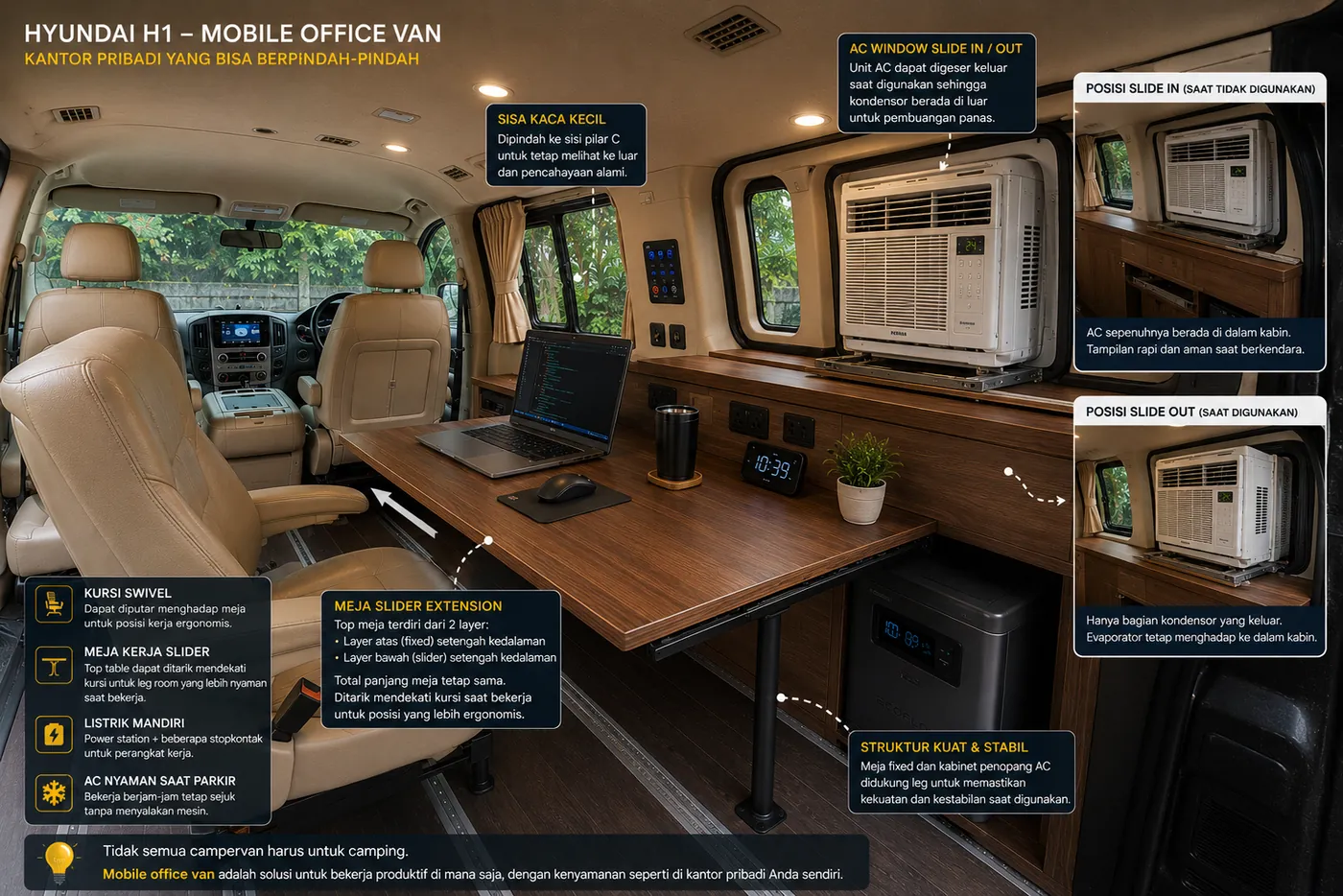 Interior Hyundai H1 sebagai mobile office: kursi swivel menghadap meja kayu berisi laptop, unit window AC terpasang di jendela samping, dan power station di bawah meja