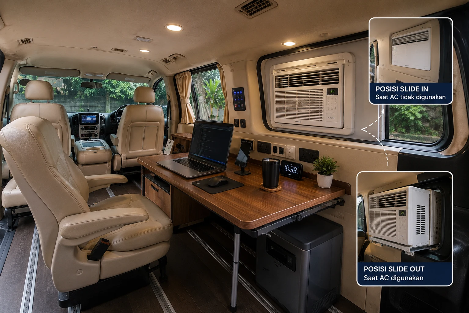Diagram beranotasi konsep mobile office Hyundai H1: kursi swivel, meja kerja, listrik mandiri, dan unit window AC yang bisa digeser masuk-keluar melalui jendela samping belakang — posisi slide in saat berkendara, slide out saat dipakai
