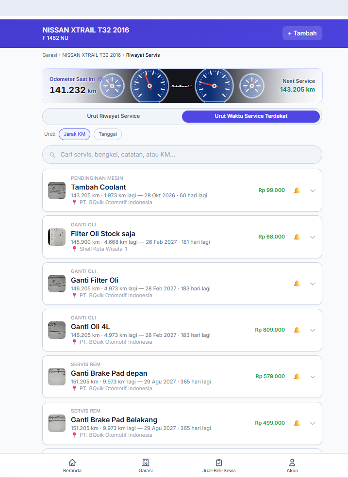 Daftar servis sebuah kendaraan diurutkan menurut waktu servis terdekat: tiap baris memuat judul buatan pemilik, kategori servis, sisa kilometer, dan sisa hari menuju jatuh tempo